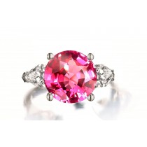 Custom Manufactured Three Stone Pear-Shaped Diamonds & Round Pink Sapphire Ring