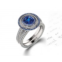 Delicate Micro Pave Halo Vivid Blue Sapphires & Brilliant-Cut Round Diamonds Designer Engagement Rings