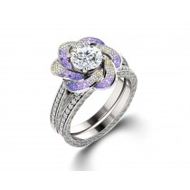 Delicate Micro Pave Halo Vivid Flower Rainbow Sapphires & Brilliant-Cut Round Diamonds Designer Engagement Rings