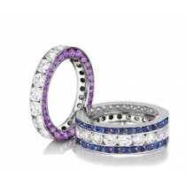 Made to Order Channel Set Brilliant Cut Round Diamonds, Purple & Blue Sapphires Set Eternity Rings & Stackable Bands