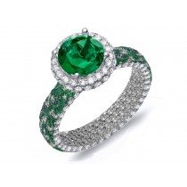 Made To Order Rings With French Pave Halo Brilliant Cut Round Diamonds & Emeralds