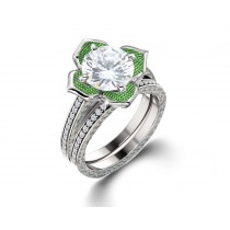 Delicate Micro Pave Halo Vivid Flower Bloom Green Emerald & Diamond Engagement Rings