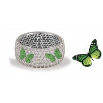 Latest Collection: Delicate Halo Micropave Butterfly Green Emeralds & Diamond Eternity Rings
