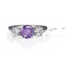 Glittering Round Very Popular Purple Sapphire Three-Stone Sapphire Engagement Ring with Round Diamonds