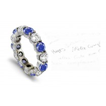 Scrolls & Motifs Decorated Sapphire & Diamond Gold Anniversary Band