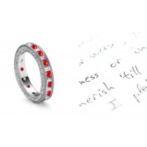New Begining: Baguette Diamond & Well Cut Round Ruby Eternity Ring with Engraved Sides