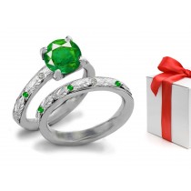 Made Under Personal SupervisionTransparent Tiffany Style Burnish Set Green Emerald Ring With Diamonds in 14k White Gold