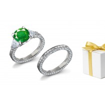 Exquisite Engraved Foliate Motif Gold 3 Stone Birthstone Emerald & Trillion Diamond Halo Ring & Halo Platinum Band