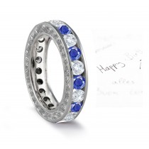 Blue Sapphire & Diamond Wedding Foliate Scrolls & Motifs Gold Band