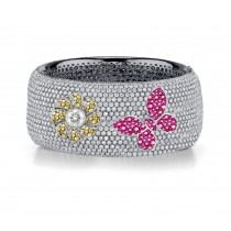 Delicate French pavee Sparkling Brilliant-Cut Round Diamonds & Vivid Multi-Colored Precious Stones Eternity Rings & Bands Featuring Vintage Flowers & Butterflies