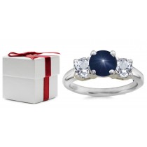 Round Blue Sapphire Three Stone Sapphire Engagement Ring with Round Diamonds in 14k White Gold 