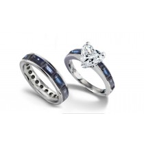 Heart Diamond & Baguette Blue Sapphire Engagement Ring & Baguette Sapphire Wedding Band in Platinum