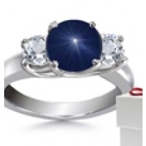 Round Oval Blue Sapphire Three Stone Engagement Ring with Round Diamonds in 14k White Gold