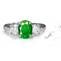 Rich-Color: Truly Classic 3 Stone Oriental Created Oval Emerald & Round Diamond Ring in not only Platinum but in Gold Also