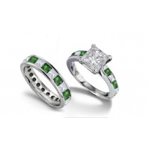 Extra-Bright Princess Cut Diamond & Green Emerald Square Ring & Princess Cut Band