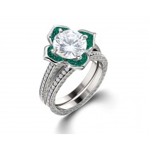 Delicate Micro Pave Halo Vivid Flower Bloom Green Emerald & Diamond Engagement Rings