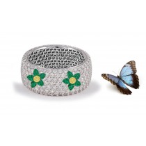 Latest Collection: Delicate Halo Micropave Flower Green Emeralds Eternity Wedding Anniversary Rings