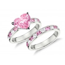 Handcrafted Pink Sapphire & Diamond Engagement Ring & Wedding Anniversary Band Bridal Set