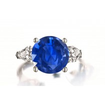 Custom Manufactured Three Stone Pear-Shaped Diamonds & Round Blue Sapphire Ring