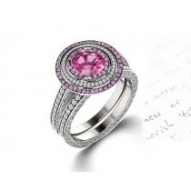 Delicate Micro Pave Halo Vivid Pink Sapphires & Brilliant-Cut Round Diamonds Designer Engagement Rings