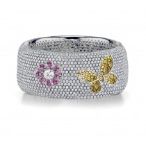 Delicate French pavee Sparkling Brilliant-Cut Round Diamonds & Vivid Multi-Colored Precious Stones Eternity Rings & Bands Featuring Vintage Flowers & Butterflies