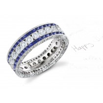 6 mm Wide Vibrant Square Blue Sapphire & Glittring Diamond Wedding Band