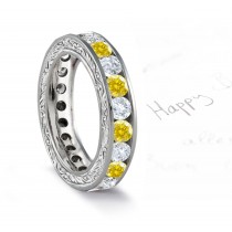 Antique Style Yellow Diamond Band Sides Profusely Engraved with Scroll, Floral & Leaf Motifs