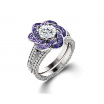 Delicate Micro Pave Halo Vivid Flower Purple Sapphires & Brilliant-Cut Round Diamonds Designer Engagement Rings