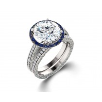 Delicate Micro Pave Halo Vivid Blue Sapphires & Brilliant-Cut Round Diamonds Designer Engagement Rings