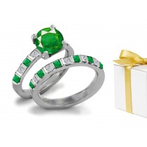 Prices Are According To Actual Weight: Precious Gemstone Bar Set Dark Green Round Emerald & Diamond Ring in 14k White Gold