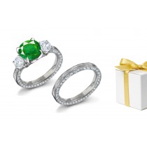 Signify Eternal Love: Nature Classic Emerald & Diamond 3 Stone Ring & Masterfully Decorated White Gold Band