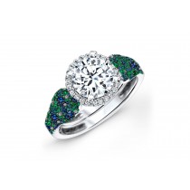 Made To Order Rings With French Pave Halo Brilliant Cut Round Diamonds & Emeralds