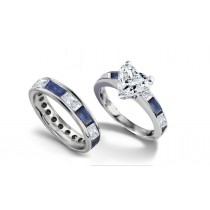 Heart Diamond & Baguette Sapphire & Diamond Accents Engagement Ring & Sapphire Diamond Wedding Ring