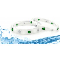 Emerald Eternity Ring: Classic Tiffany Style Deep Green Emerald and Diamond Rounds Burnish Set in 14K White Gold