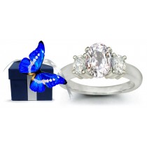 Oval White Sapphire Three Stone Engagement Ring with Oval Sapphires Diamonds in 14k White Gold