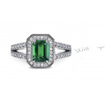 Brilliant Crystal Green Emerald Cut Emerald & Diamond Halo & Chevron Ancient Design Ring