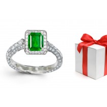 Three-stone Diamond Rings: This Ring Justifies Its Title, Elegant Long Lines in Emerald Cut Emerald & Diamond Halo Light