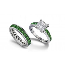 Princess Cut Diamond & Columbian Emerald Engagement Ring & Band