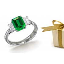 Emerald Center, Two Diamonds: Emerald Cut Diamond & Emerald Cut Emerald 3 Stone Ring Save 30%