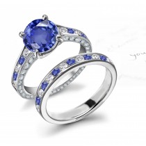 Gimmel Rings: Carried Up Channel Velvety Blue Sapphire & Brilliant White Diamond Halo Anniversary & Eternity Ring