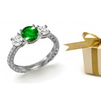 Radiance & Illumination: Center Diamond & Round Emerald Sides Art Deco Style 3 Stone Ring