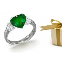 Ladies Three-stone Rings: Center Heart Diamond & Heart Emeralds Side Stones 3 Stone Vintage Ring