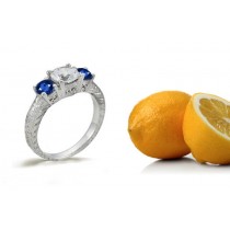 The Golden Stones: Genuine 3 Stone Round Sapphire & Diamond Engagement Ring