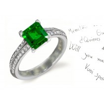 Single or Double Rows of Diamonds: Split Shank Square Cut Emerald Brlliant Diamond Ring