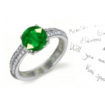 Solitaire Emerald: Split Shank Faceted Round Emerald & Brilliant Diamond Engagement Ring