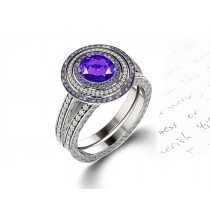 Delicate Micro Pave Halo Vivid Purple Sapphires & Brilliant-Cut Round Diamonds Designer Engagement Rings