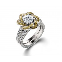 Delicate Micro Pave Halo Vivid Flower Yellow Sapphires & Brilliant-Cut Round Diamonds Designer Engagement Rings