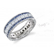 6 mm Wide Princess Cut & Round Blue Sapphire & Diamond Wedding Band