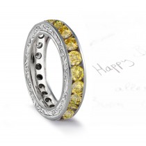 Antique Style Yellow Diamond Band Sides Profusely Engraved with Scroll, Floral & Leaf Motifs