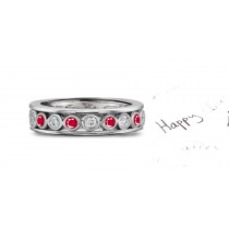 Bezel Set Diamond & Ruby Band Set Between Two Raised Platinum Bands in Ring Size 3 to 8